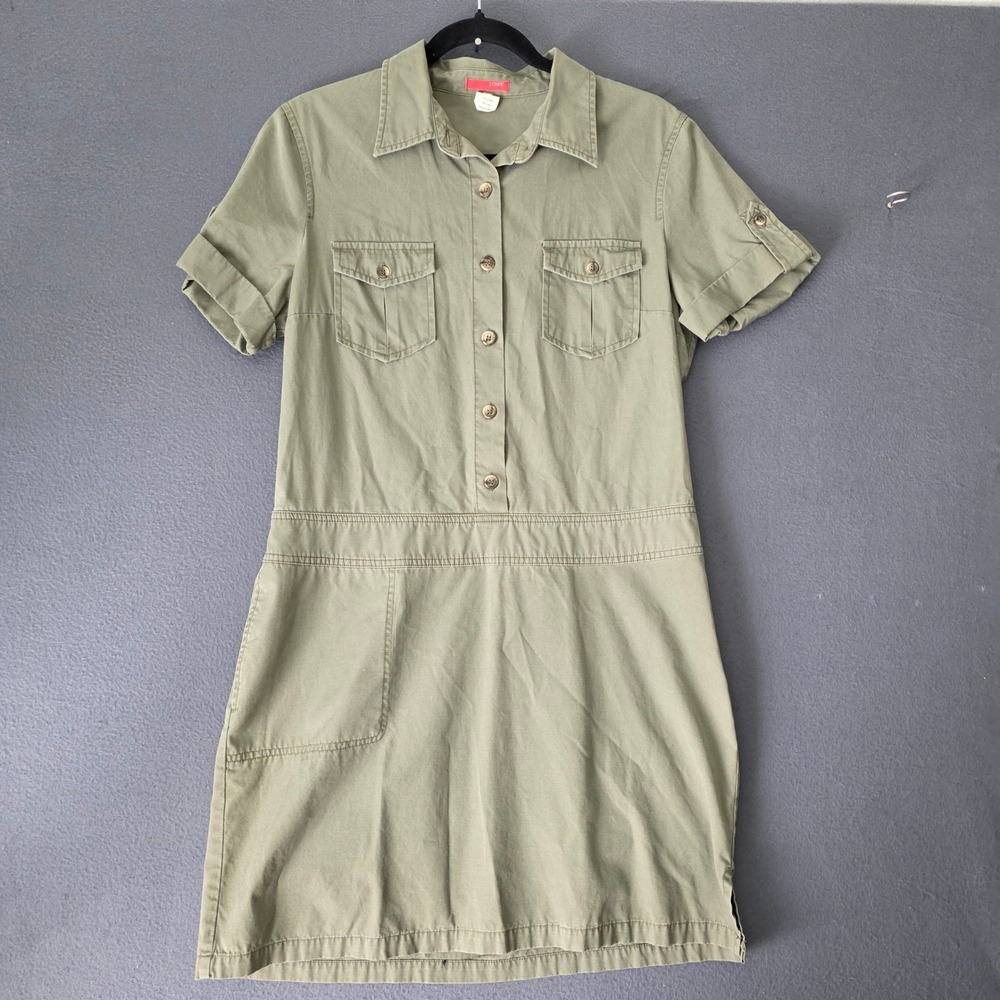 J.Crew Utility Shirt Dress Womens 12 Olive Green Cotton Short Sleeve Safari